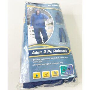 VTG Stearns Men XL- 2XL Navy Coat W/ Hood & Pants Vinyl Waterproof Rain Suit New